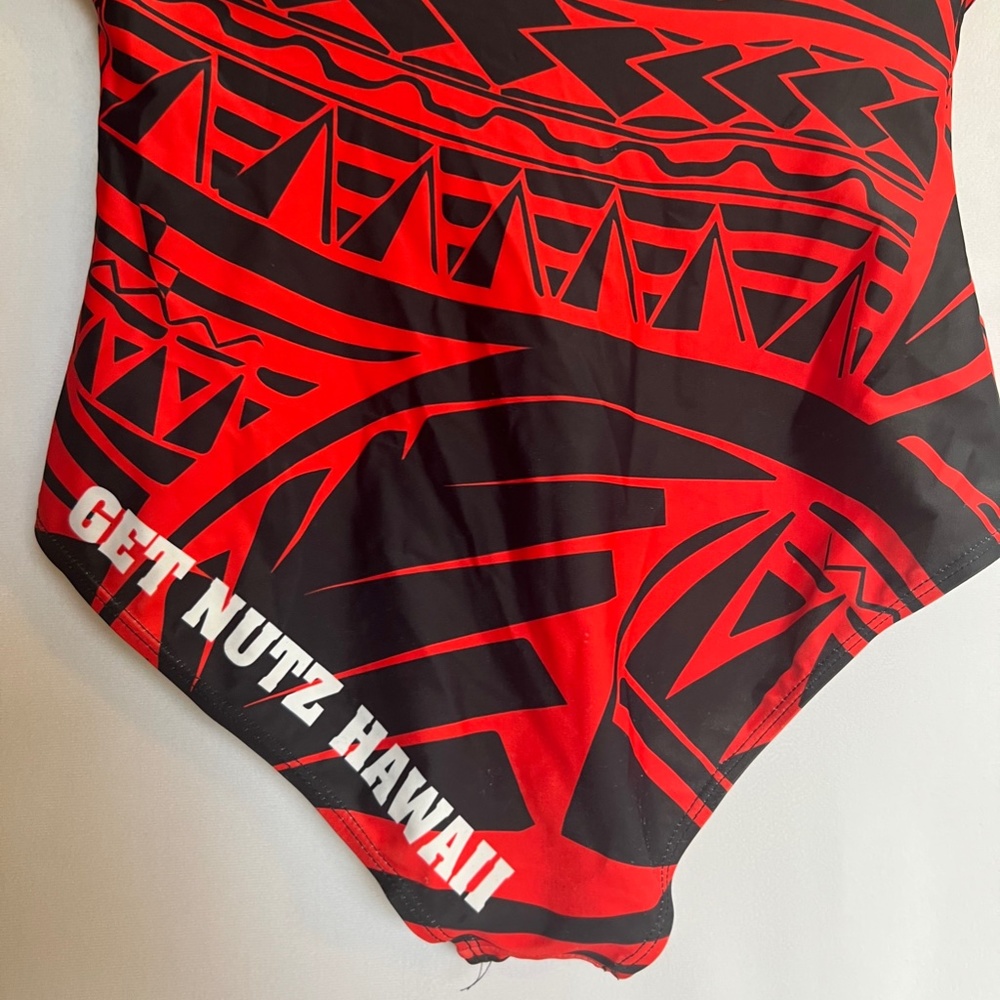 “ Get Nuts Hawaii” Womens one piece size s black and red bathing suit - Picture 2 of 2